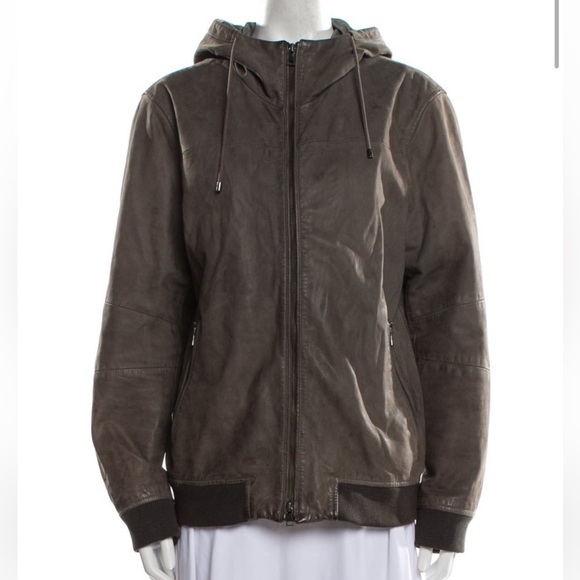 VINCE. Grey brown leather bomber jacket w hood size large women’s hooded bomber - Picture 2 of 6